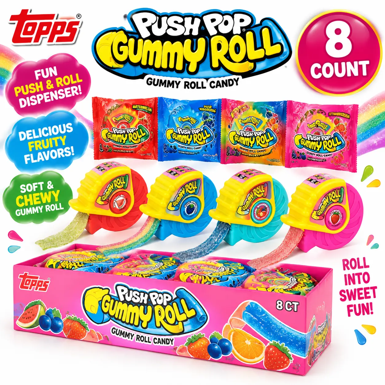 Topps Push Pop Gummy Roll Dispenser, 1.4oz Novelty Gummy Candy, 8-Count, Made with Sugar