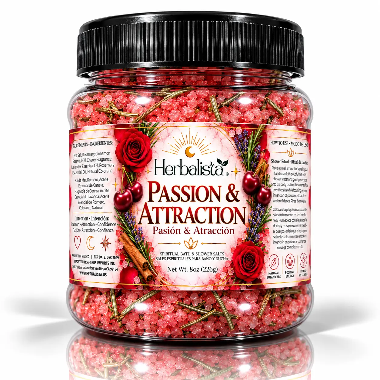 Herbalista Passion & Attraction Spiritual 8oz Bath & Shower Magic Salts, Body Care Blend with Rose, Cherry/Lavender, Rosemary, Cinnamon, Essential Oils for External Use - Sales Magicas Espirituales de Pasión y Atracción