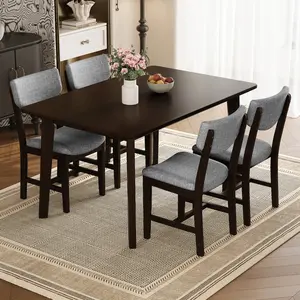 Rustic 5-Piece Dining Table Set of 4 - 1 Solid Wood MDF Top Table, 4 Padded Upholstered Seats, Farmhouse Indoor Kitchen Furniture, Compact Espresso Decor Set