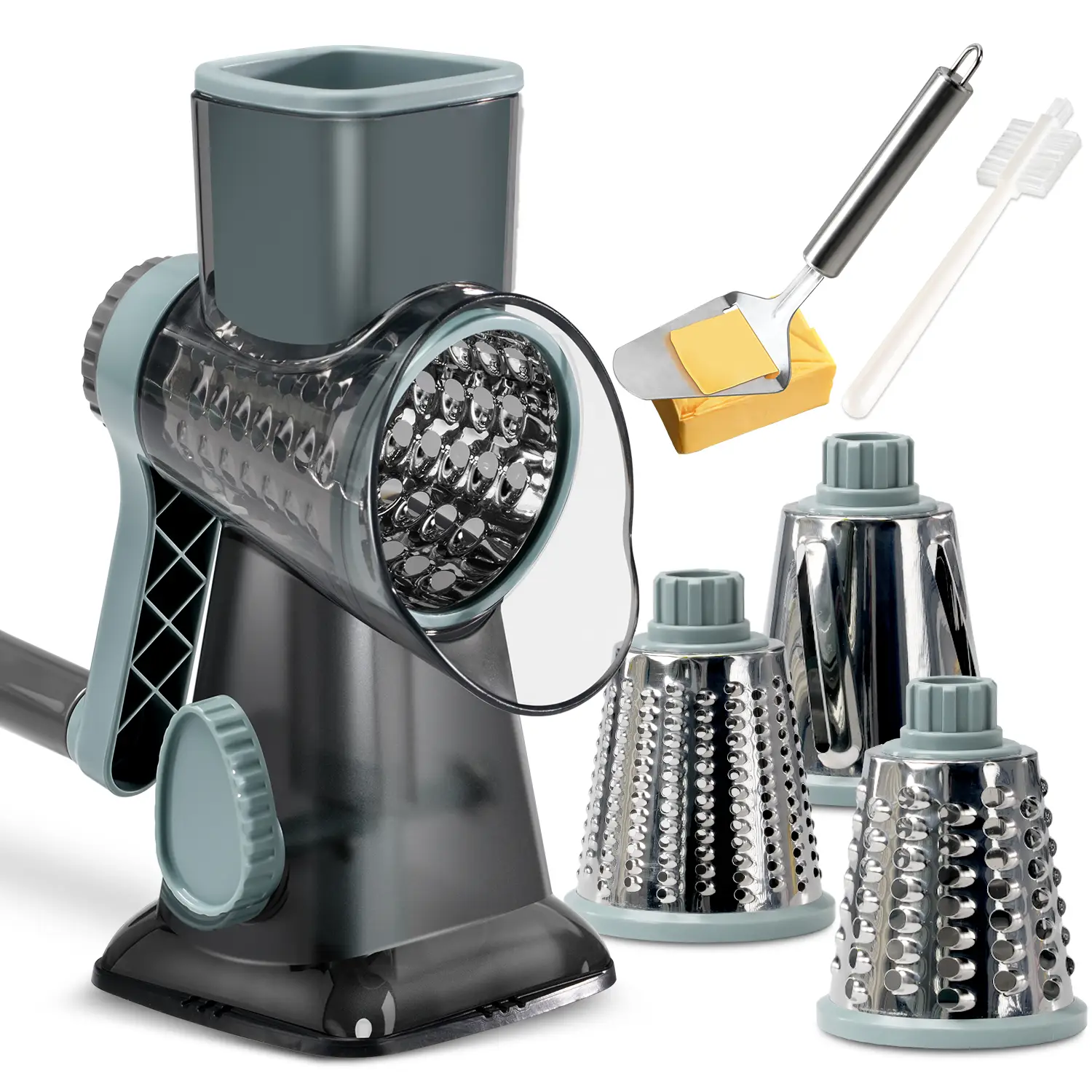 Rotary Cheese Grater with Handle Vegetable Cheese Shredder Slicer Grater for Kitchen 3 Changeable Blades for Cheese Potato Zucchini Nuts Chocolate