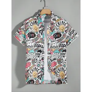 Men's All Over Cartoon Print Button Front Shirt, Regular Fit Casual Short Sleeve Collared Top for All Seasons, Fashion Men's Clothes for Daily Wear, Casual Graphic Shirt