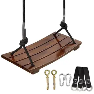 Solid Wood Swing One Seat Simple Swing Maximum Load 440Lbs Wooden Swing Seat Adjustable Rope Length Outdoor Rope Swing for Garden Patio Yard