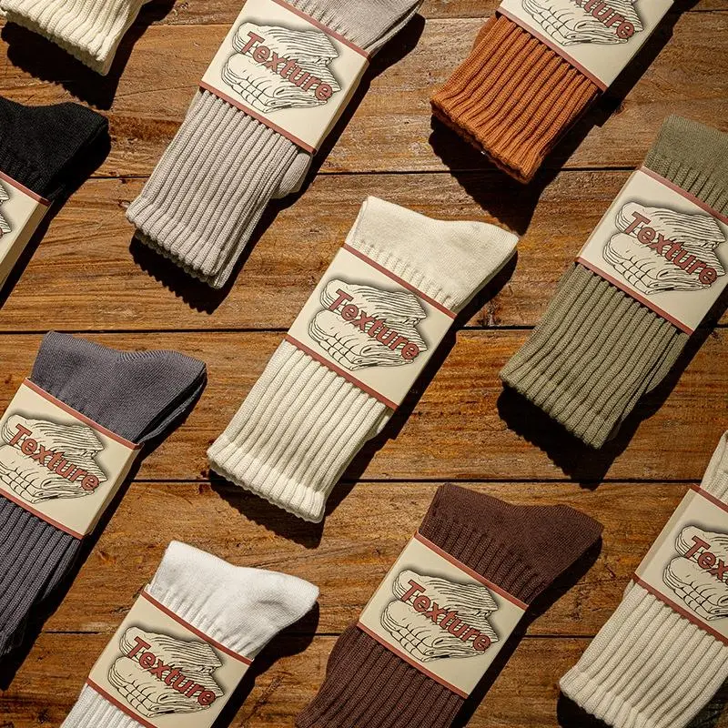 Unisex Retro Ribbed Crew Socks, 2-Pair Thick Cotton Blend, Breathable Plain Design for Daily Wear & Casual Sports, Mid-Calf, Ribbed Plain