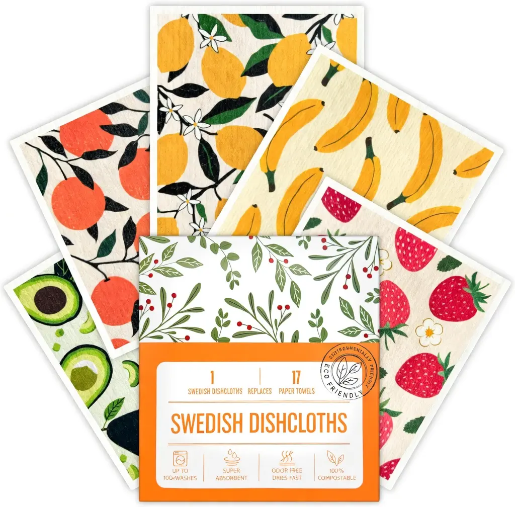 Swedish Dish Cloths 5-Pack Cotton Kitchen Wipes & Towels - 7.68"x6.8", Striped Sides, Absorbent, Reusable, Quick-Drying, Dishwasher-Safe, Durable, Biodegradable, Multi-Purpose for Birthday, Wedding Gift-Ready Set