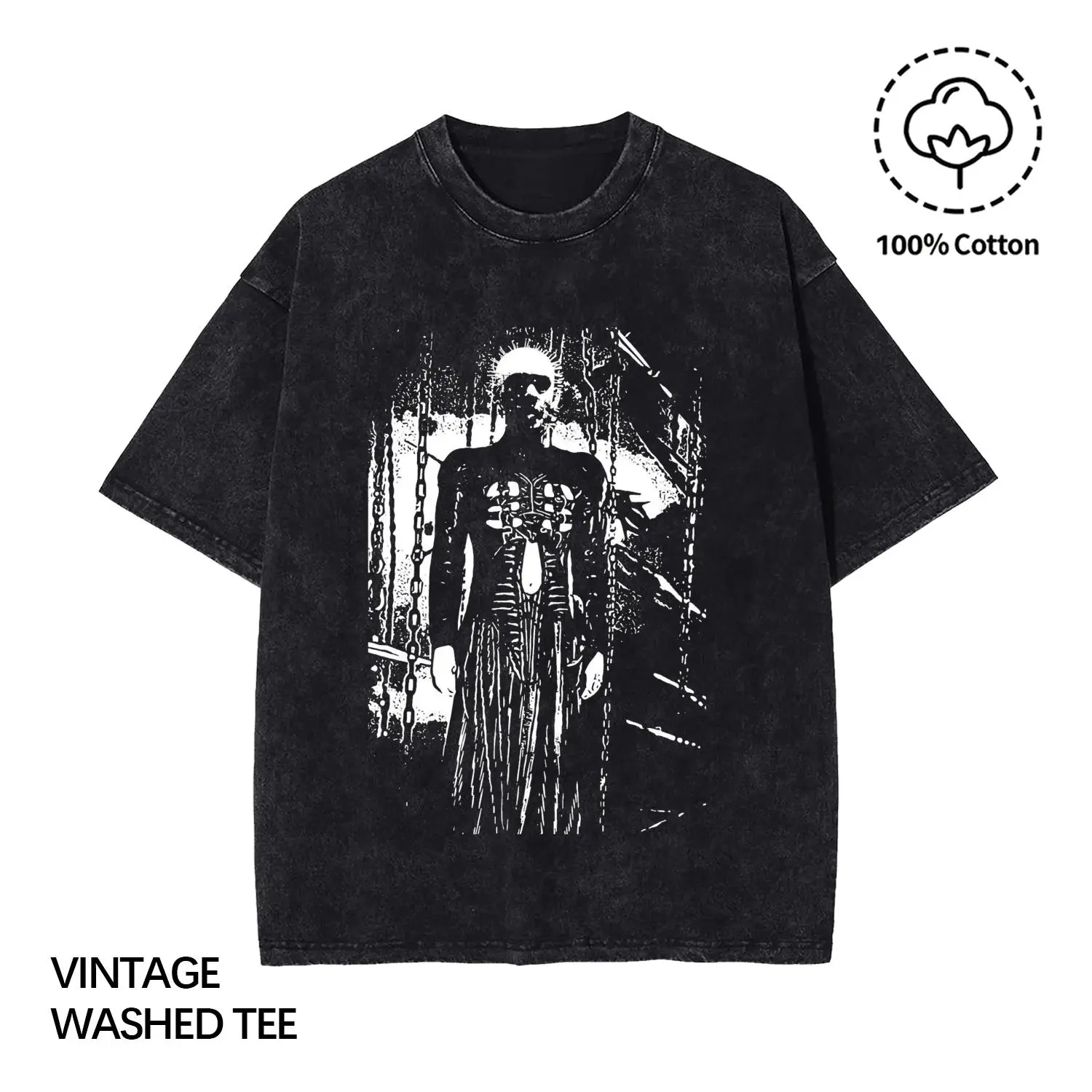 Hellraiser Pinhead Vintage Washed Tee, Unisex Horror Movie Streetwear T Shirt, 100% Cotton Distressed Graphic Tee for Men Women, Retro Hellraiser Cult Classic Fashion Top Ideal for Horror Enthusiasts, Gothic Street Style Lovers, and Dark Aesthetics Fans