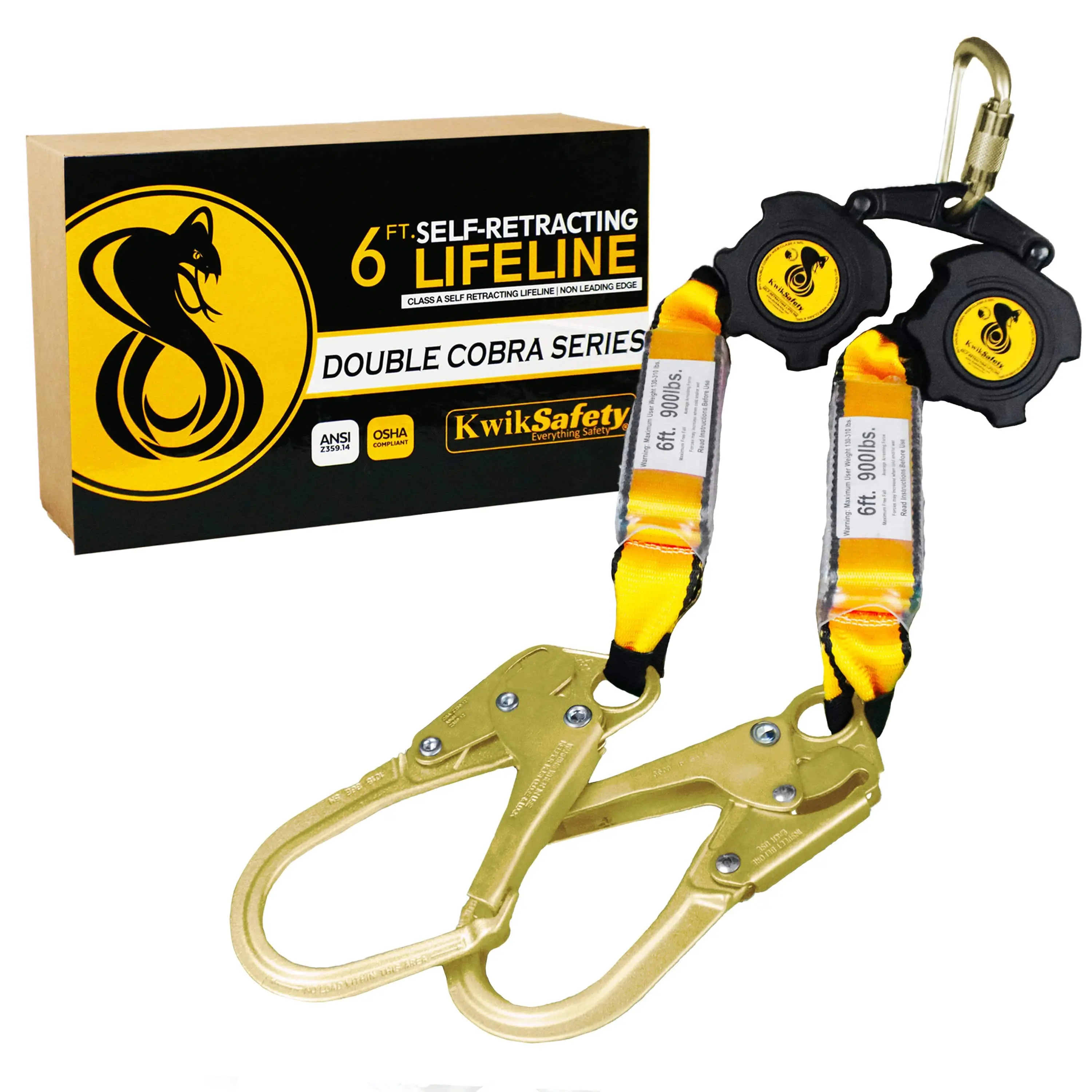 KwikSafety 6’ COBRA Twin Leg Self Retracting Lifeline ANSI Poly Web SRL - Model No.: KS7915
