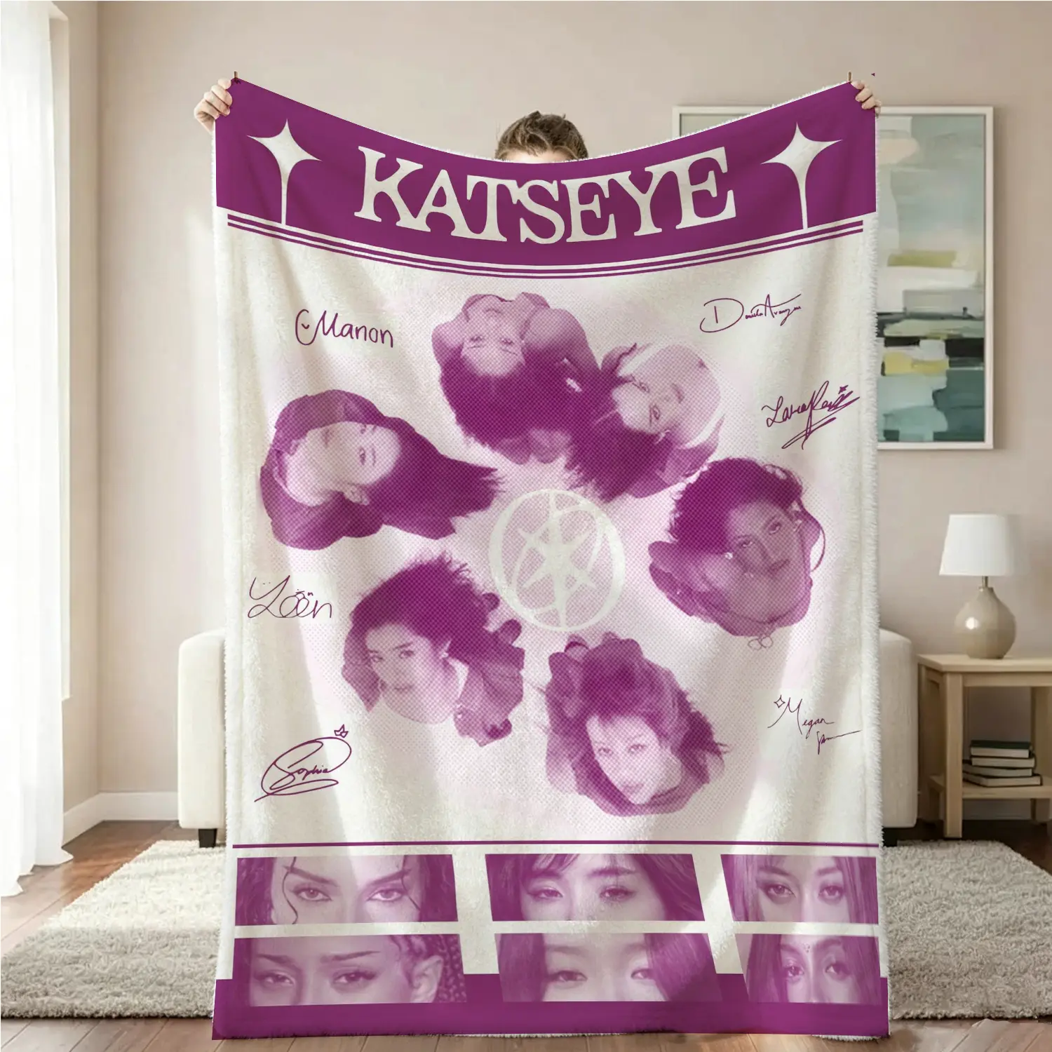 Vintage Purple Halftone Signature Polyester Fleece Throw Blanket - KATSEYE Global Girl Group Member Portraits, Autograph Prints - Soft Cozy Flannel Collectible Merch Gift for KATSEYE Fans