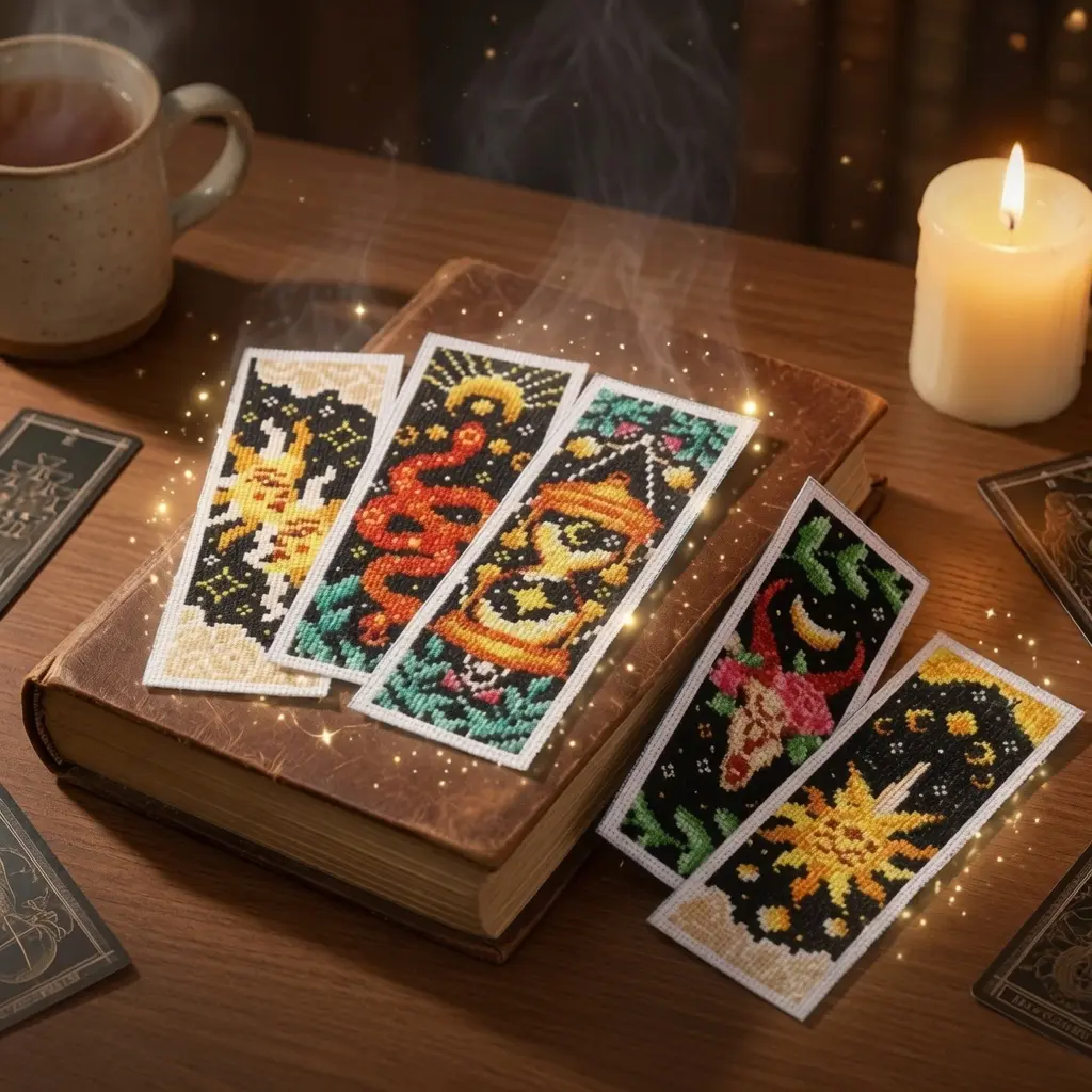 6-Pack Cross Stitching Bookmark Kit for Beginners - Tarot Sun & Star Stamped Embroidery DIY Set with Pre-Printed Patterns, Full Instructions, Threads - Ideal Gift for Book Lovers