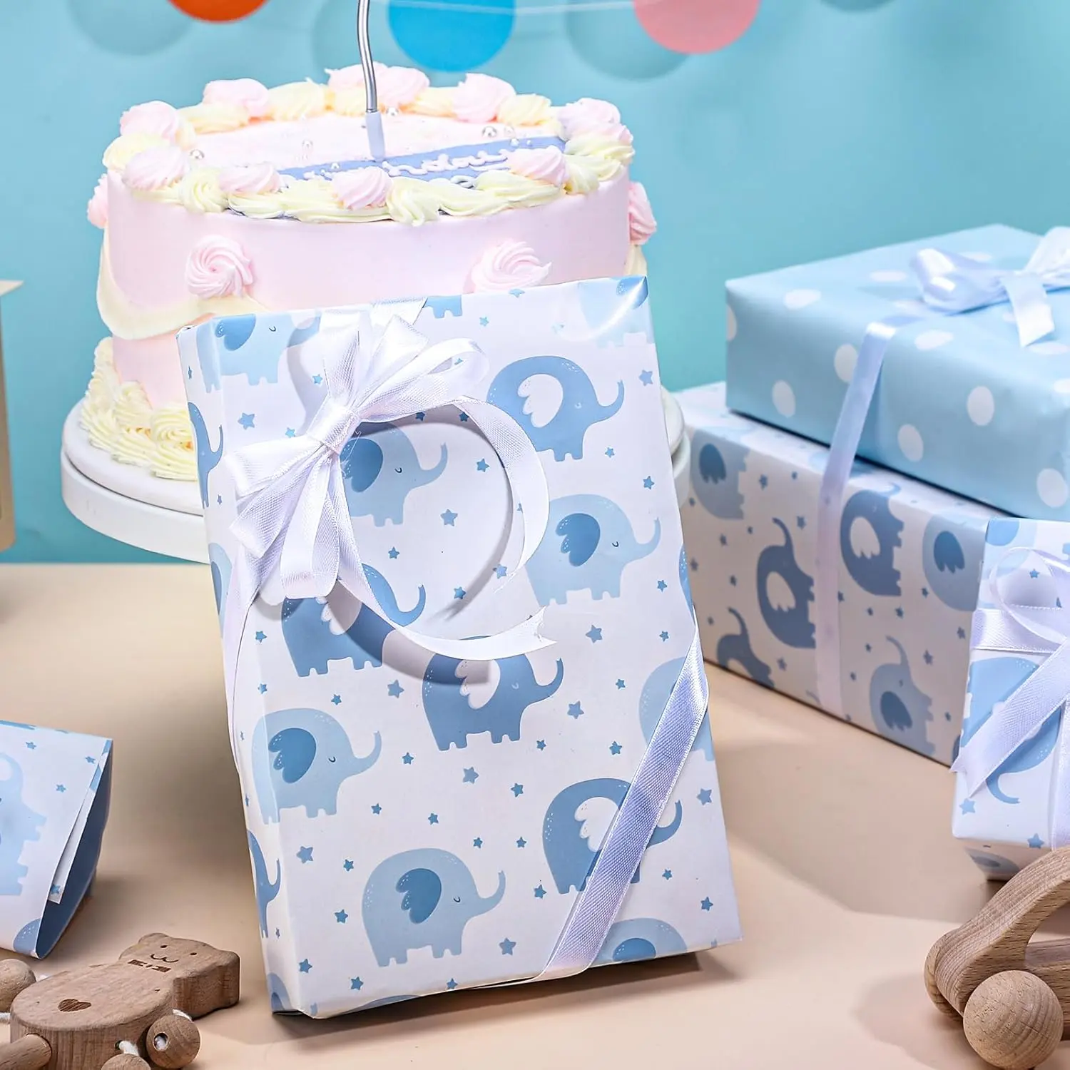 Baby Boy Wrapping Paper, Baby Wrapping Paper | Reversible Blue Wrapping Paper with Cute Elephant Design for New Baby | Gift Wrapping Paper