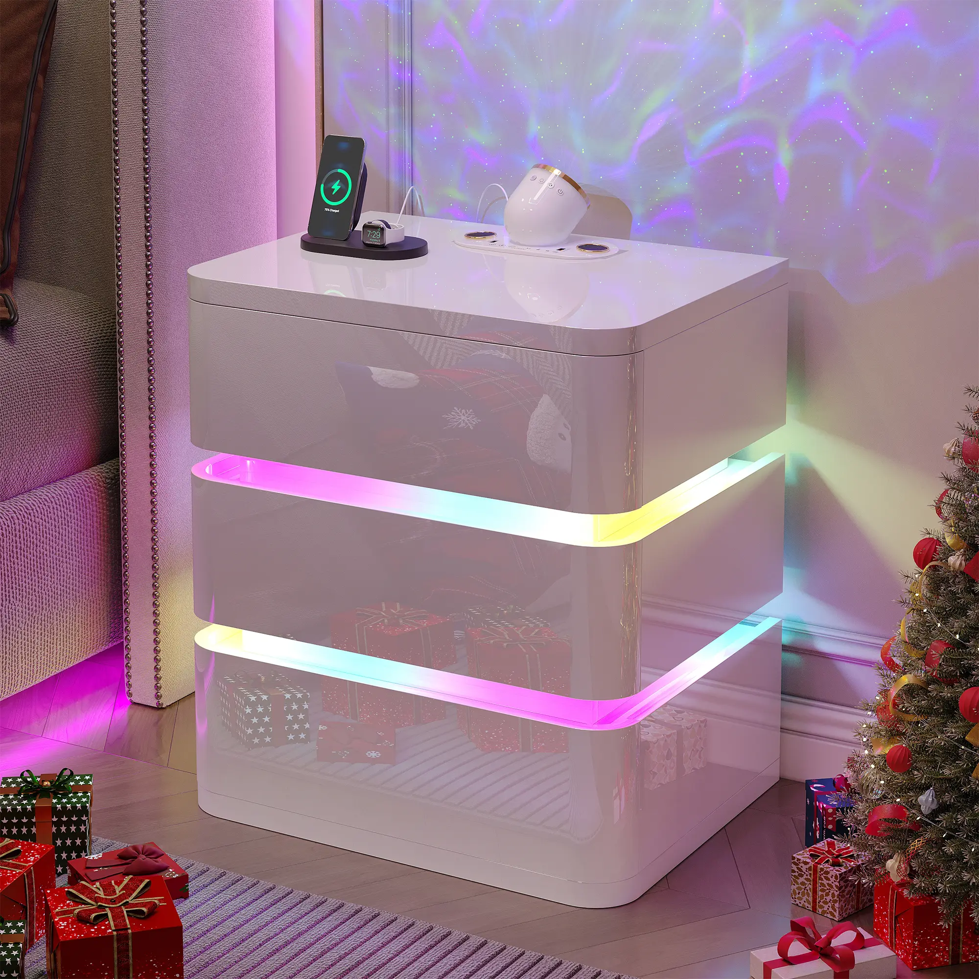 Dystler Modern 3-Drawer Nightstand - Curved Profile Design, No Assembly Required, Built-In Charging Station, Motion Sensor RGB Light, Modern Nightstand
