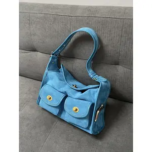 Vintage Gold-Plated Lock Multi-Pocket Single Shoulder Pillow Bag Retro Artistic Casual Wide Shoulder Strap Large haversack haversack Bag Blue crossbody  bag