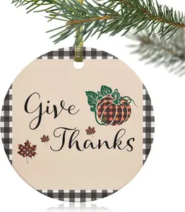 2024 Christmas Ornament Xmas Tree Hanging Accessories,Give Thanks Christmas Tree Round Ceramic Ornaments for Holiday Party Home Decor,Thanksgiving Vintage Lattice Plaid Pumpkins and Maple Leaf