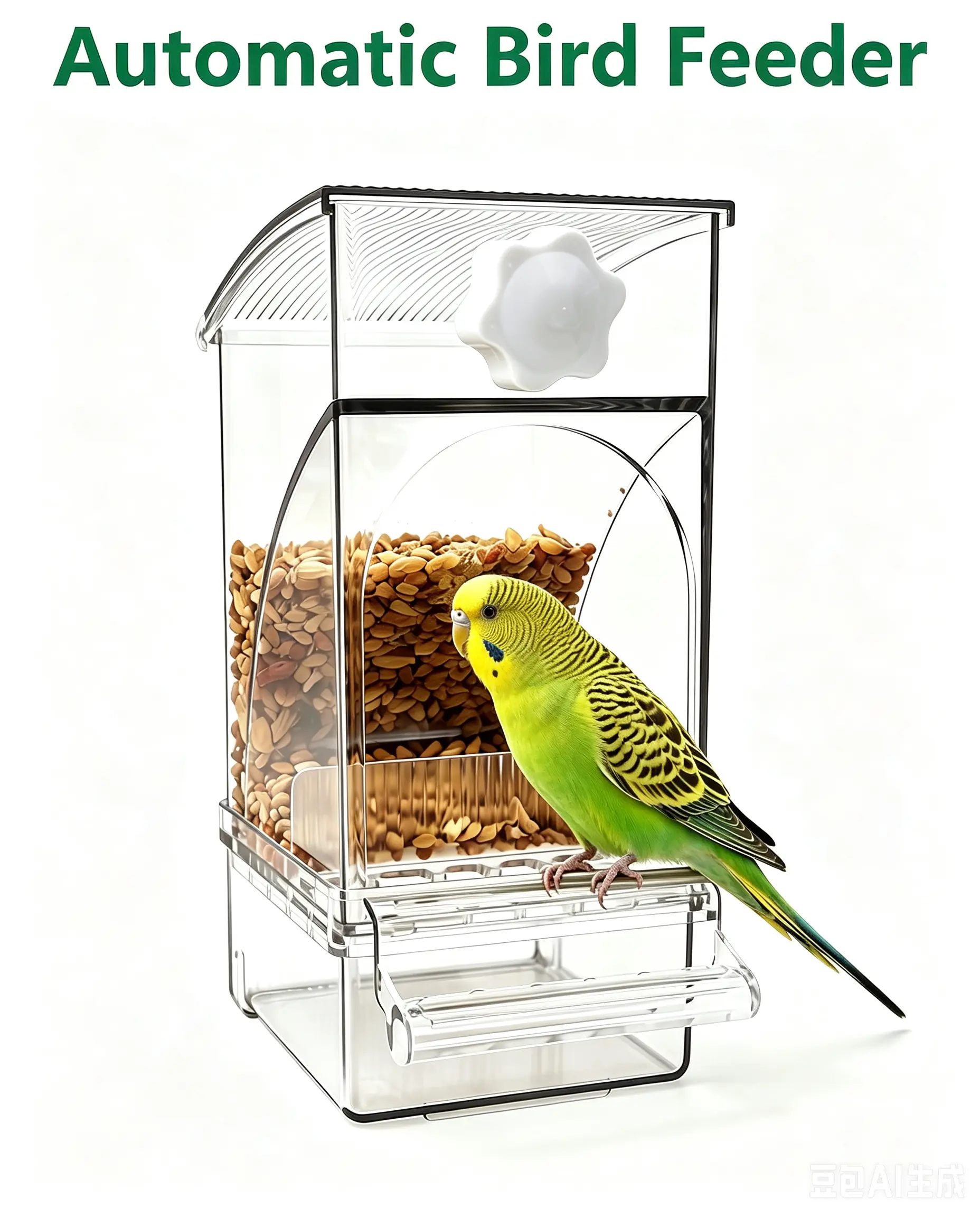 Automatic Bird Seed Feeder No Mess, Clear Acrylic Parrot Food Dispenser with Perch Stand, Smart Bird Cage Accessories for Small Parrots, Parakeets, Finches, Canaries