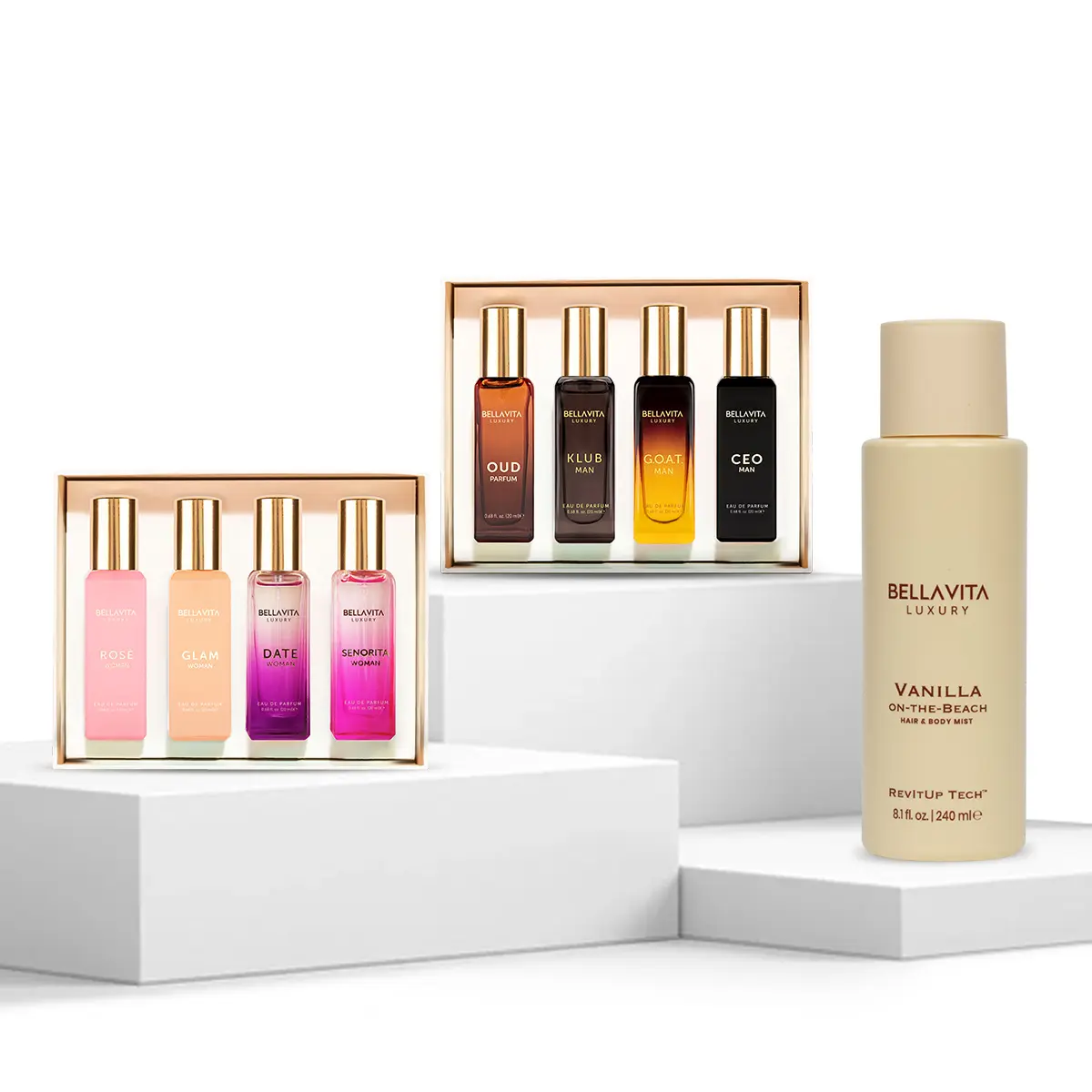 The Vanilla Forever Duo by Bellavita Luxury | Him & Her Perfume Gift Set & Vanilla-on-the-Beach Hair & Body Mist | His & Hers Fragrance Wardrobe | Notes of Vanilla, Florals, Woods & Musk | Long-Lasting Eau De Parfums & Revivable Water-Based Mist