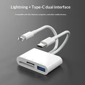 Multi-Function Card Reader for iPhone, USB-C to TF/SD Card Reader, Dual Slot Flash Drive with 2 Cables