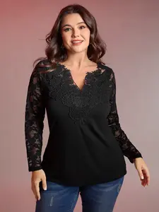 【Summer Turn-Up】BlOOMCHIC Plus Size Sheer Lace Fitted Solid T-Shirt Blouses Sleeve Casual Classy Elegant Black [M-6X] 2026 Summer Pick for Mother's Day