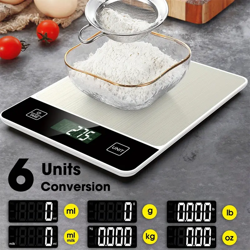 Digital Food Scale 10kg/22lb, Accurate Digital Scale, Precision Kitchen Scales for Baking & Cooking, Stainless Steel, Skin Weight Function, Aaa Battery Operated, Food Measuring Tool, Kitchen Gadgets, Household Kitchen Supplies, Digital Weighing Scale