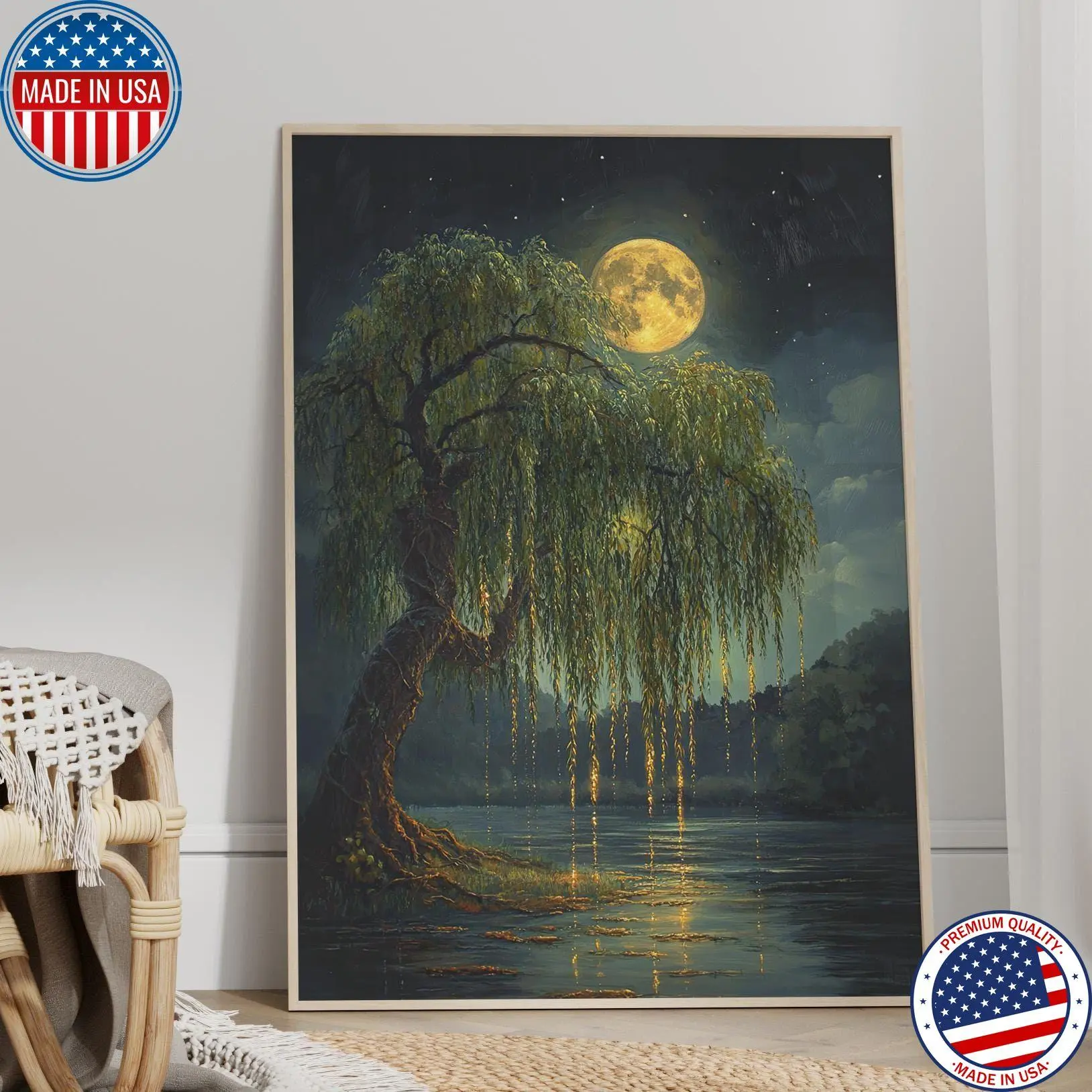 [Sale off up to 50%] - [Free Ship] Full Moon Over Weeping Willow Tree by the Lake Mystical Wall Art Poster, Golden Night Sky Dreamy Surreal Nature Art Print (No Frame)