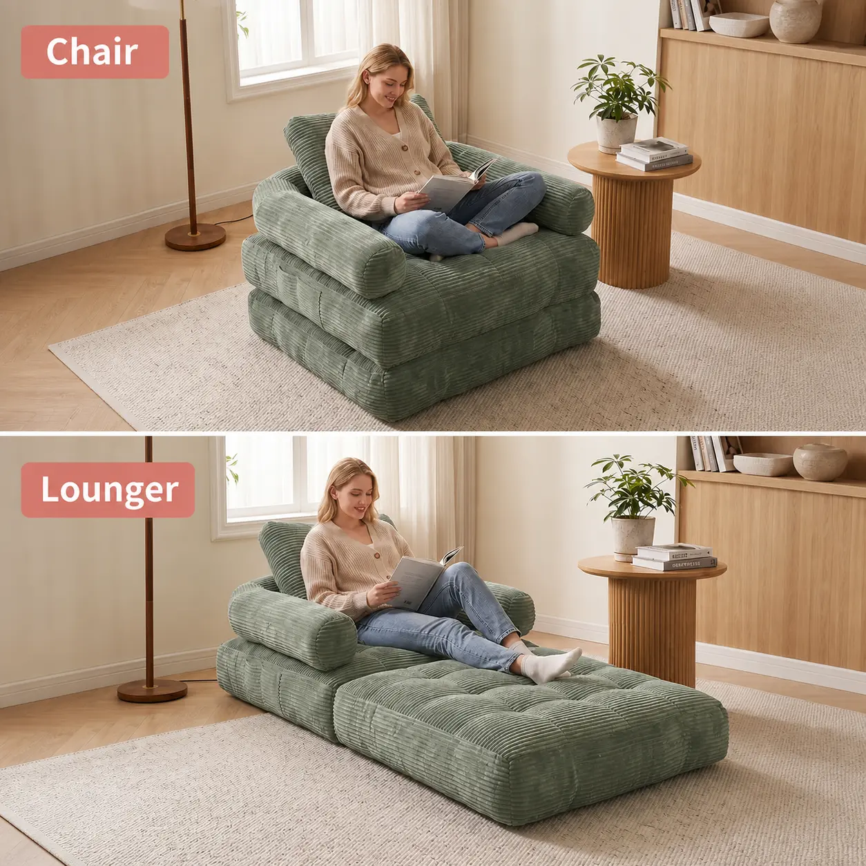 chaise lounge chair 2-in-1 Corduroy  Bed - Adjustable Folding Sofa Lounger with Pillow,foldable bed, boneless sofa bed,removable backrest,Modern Compact Apartment Furniture, Agile Seating for Bedroom, Living Room recliner loveseat