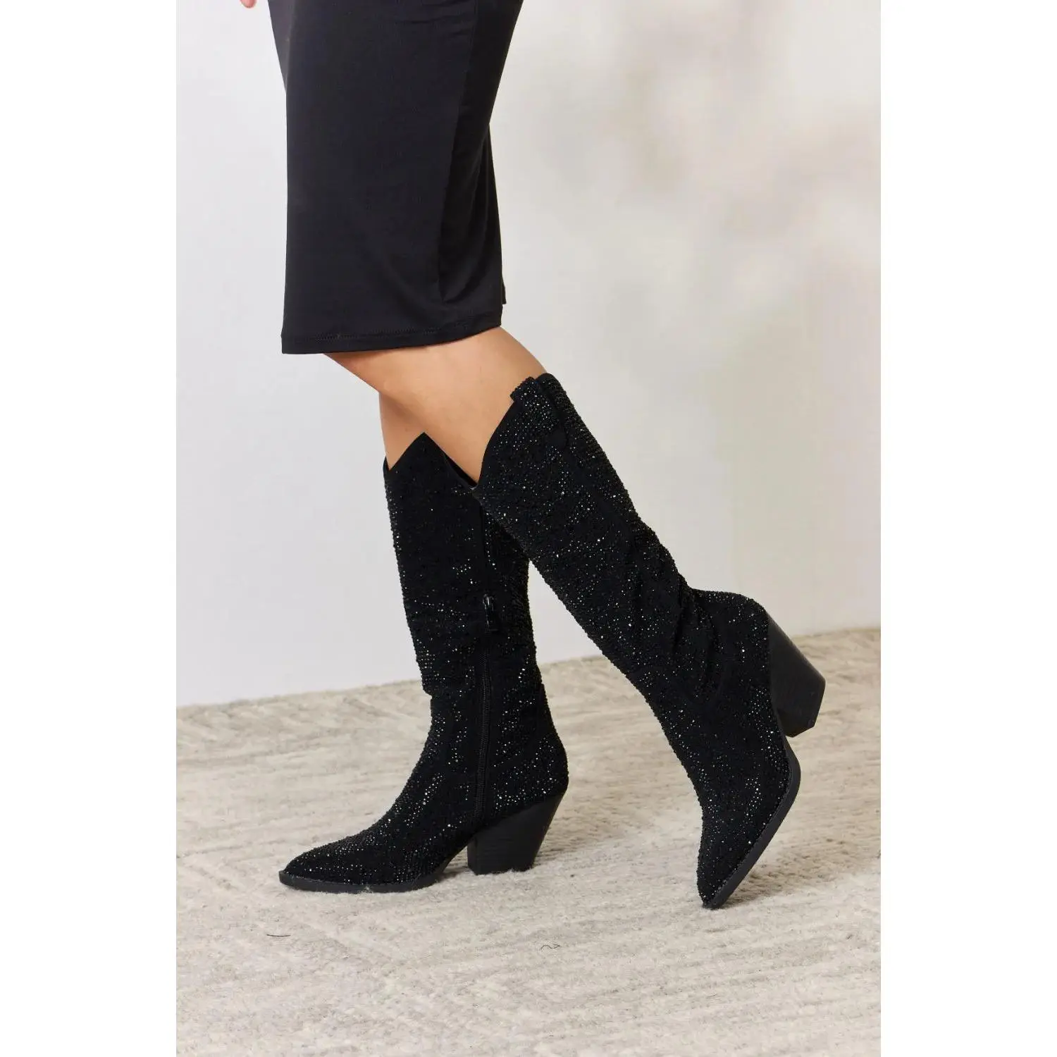 Forever Link Women's Dazzling Knee-High Rhinestone Cowboy Boots, Pointed Toe with 3 in Mid Heel for Western Elegance Statement Wear, Pointed Toe Heels, Cowgirl Fashion, Mid Heels
