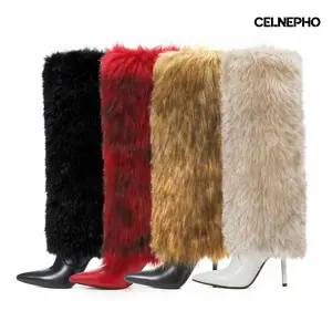 CELNEPHO Winter Boots for Women Pointed Toe Faux Fur Stiletto High Heels Long Knee High  Furry Boots Cozy Warm Easy Pull on for Party Outdoor Events Casual Dress Shoes