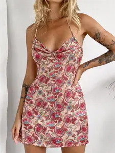 Rosegalette Women's Polyester Halter Neck A-Line Sleeveless Strappy Cowl Front Paisley Floral Print Butterfly Fabric Mini Dress - Sexy Casual, 2026 Spring Summer Vacation, Womenswear Statement Outdoor Fun