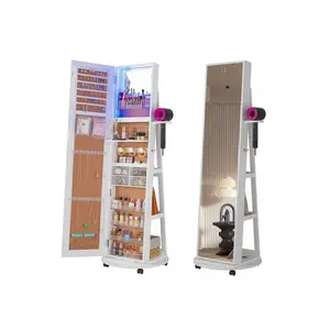 Maximum discount  HNEBC 360 Swivel Armoire LED Cabinet Full Length Mirror With Storage Standing Jewelry Organizer Lockable Wheels Foldable Makeup Shelf