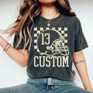 Comfort Colors Custom Checkered Football Name And Number T-Shirt, Custom Football Shirt, Personalized Football Player Gift, Football Mom