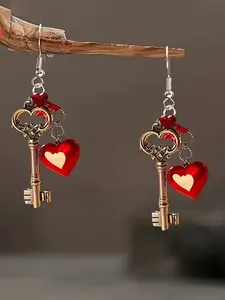 Valentine's Day Luxury Unique Acrylic Stainless Steel Key & Heart Dangle Earrings, Lightweight & Durable, Vintage Style, Casual Attire, Party & Holiday