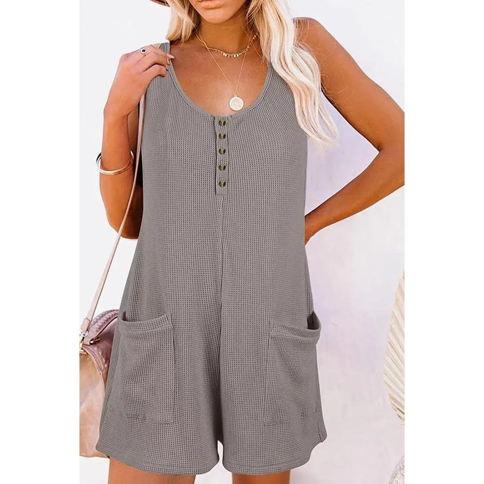 Grey Sleeveless Button Waffle Romper with Pockets