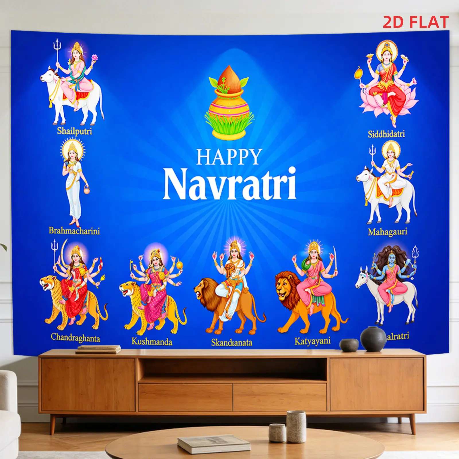2D Flat - 2D Flat - [2D Plane Printing] Large Size/Small Size Pattern Printed Tapestry - Navratri, Hindu Festival, Durga, Avatars, September-October, Room Wall Decoration, Non-Luminous, Suitable for Living Room, Meditation, Office, Party Decor
