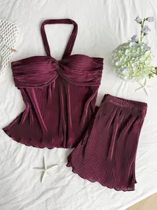YULENA Plus Size Halter Neck Ruched Tank Top & Shorts Set - Summer 2 Piece Co-Ord Outfits for Women