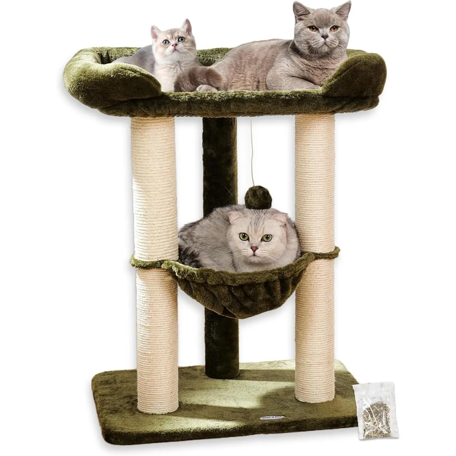 28" Large Cat Tree Tower for Indoor Cats, Cat Scratch Post with Large Bed for Maine Coon Big Cats, Sisal Cat Scratcher with Soft Perch & Hammock, Stable Cat Stand, Removable Cover-Green