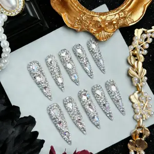 NAILROSY Elegant Rhinestone Decorated Handmade Press-On Nails Long Stiletto Acrylic 10Pcs for Girls Women Festivals Parties Daily Wear Salon-Quality Craftsmanship Gift Set