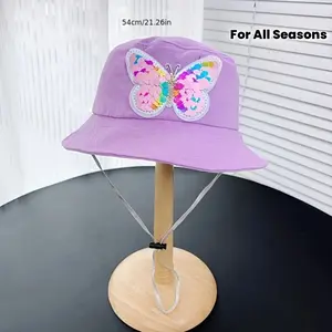 A Girls' /Youngsters' Bucket Hat with Sequin Bow, New Sun Hat, Flat Top Bucket Hat All Seasons