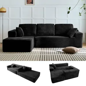 Boneless L-Shaped Convertible Modular Cloud Couch Corduroy Upholstered with Memory Foam Movable Storage Oversized Plush Chaise Lounge Vacuum Compression Box Packaging Modern Indoor Living Room Furniture for Villas Apartments with Leather Ottoman sectional