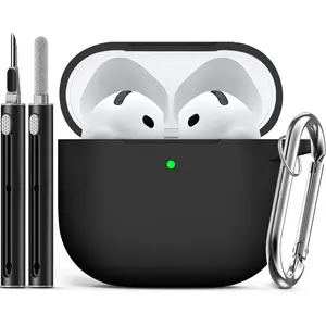 AirPods 4 Case 2024 with Cleaner Kit,Soft Silicone Protective Cover for Apple AirPods 4th Generation Cases for Women Men,Compatible with AirPod 4 Case Accessories with Keychain-Black