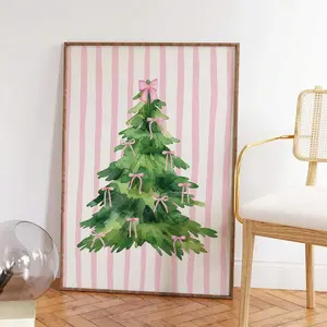 1pc Frameless Sassy Christmas Tree Wall Art, Fashion Pink Bow Print, 3D Ribbon Accent Girly Holiday Decor For Dorm Room, Bedroom & Teen Gifts |   College Dorm Core, Funky Posters , Aesthetic Room Decor Christmas Decoration Christmas Tree Gift Decor