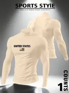 Men's High Neck Flag Compression Sports Top, Fitness Shirt, Fitness Activewear, American Style, Daily Inner Wear, Light Outdoor Men's Clothing, 2026 Fashion