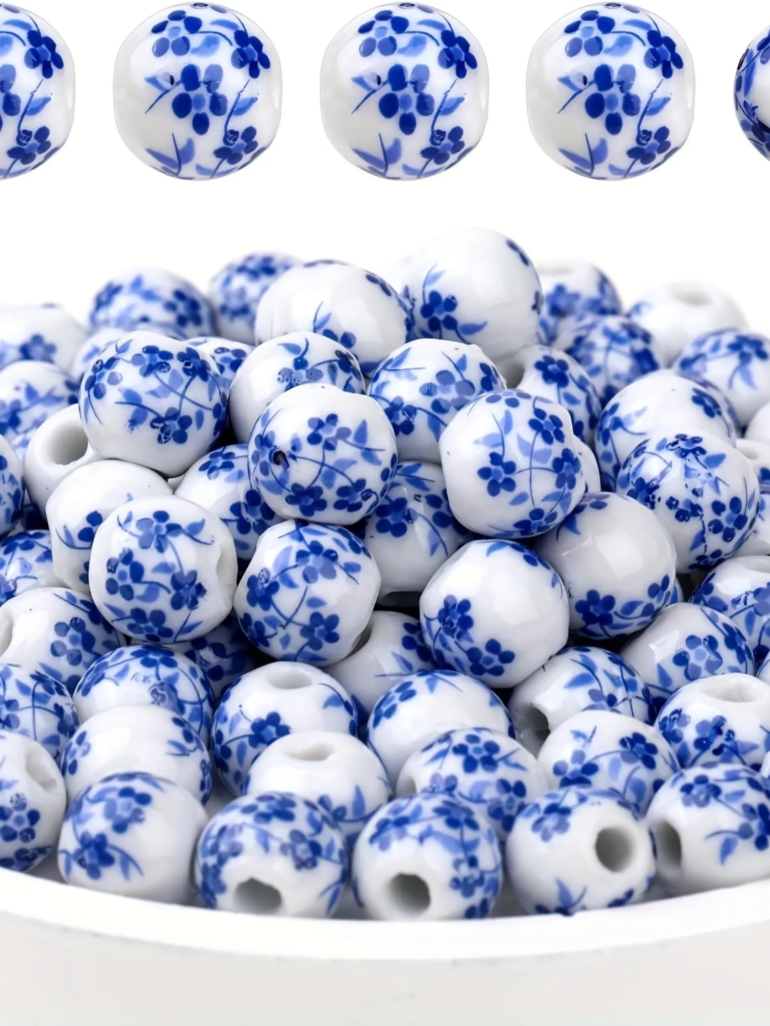100pcs 8mm Ceramic Beads, Durable Beads for Crafts, Diy Mix Beads, Blue Ditsy Floral Print, Round Ceramic Spacer Beads, Handmade Jewelry Making Supplies, Diy Jewelry Accessories, Diy Jewelry Decoration, Decorative Beads
