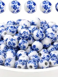 100pcs 8mm Ceramic Beads, Durable Beads for Crafts, Diy Mix Beads, Blue Ditsy Floral Print, Round Ceramic Spacer Beads, Handmade Jewelry Making Supplies