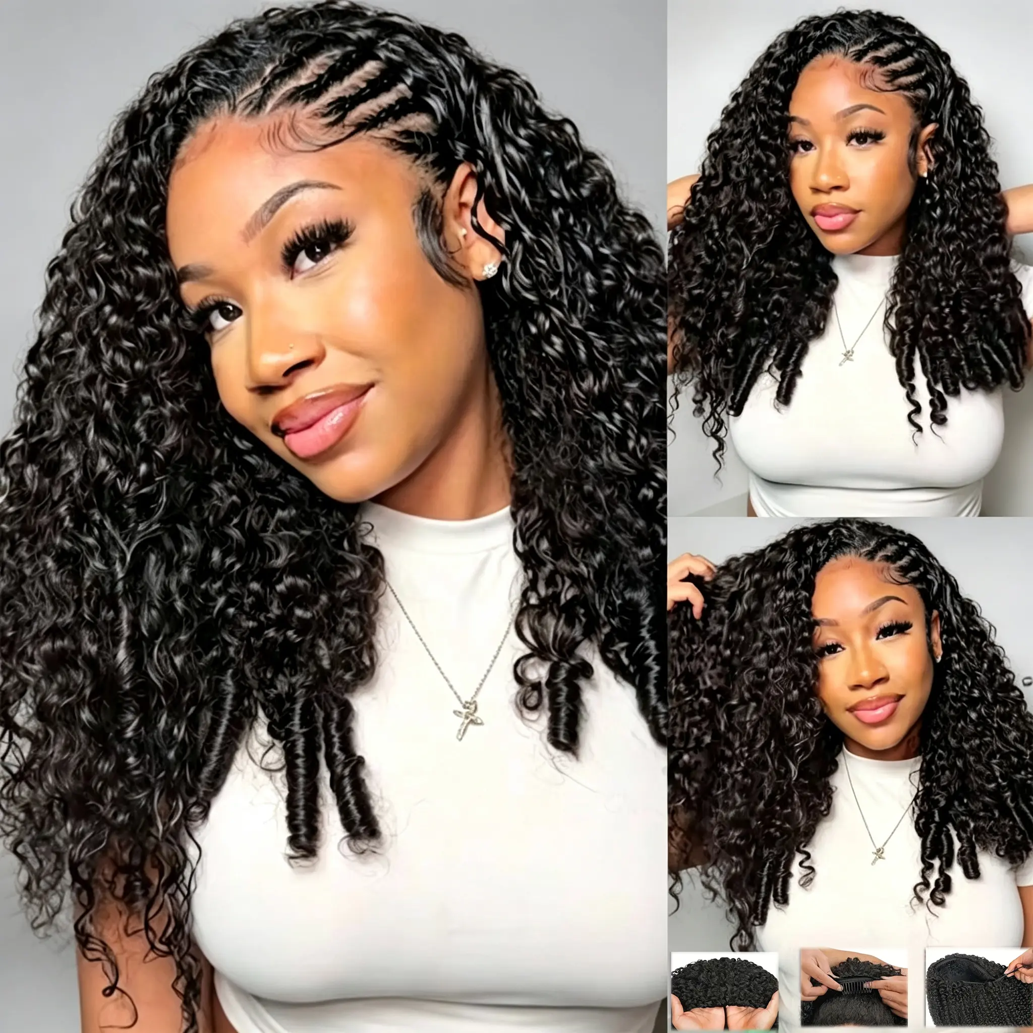 [3 IN 1 HALF WIG]  Burmese Curly Half Wig Human Hair 24Inch Glueless Half Wigs for Black Women 180% Density Kinky Curly 3 In 1 Breathable Cap Drawstring Seamless Flip Over Human Hair Half Wigs deep wave brazilian