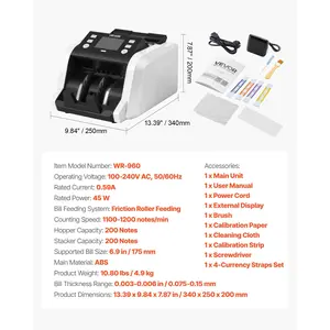 VEVOR Money Counter Machine, 1200 Notes/Minute, Cash Counter with Value Count, UV/MG/IR/DD/DBL/HLF/CHN Counterfeit Detection, TFT Display, Money Counting Machine Mixed Denomination for Dollar and Euro