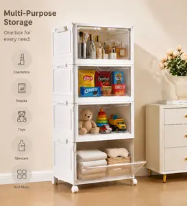 Portable Clear Storage Bins with Lid & Wheels, 24QT Clear Storage Bins with Lid, 4-Tier Plastic Bins with Wheels, Stackable, Magnetic Doors, for Bedroom, Living Room, Office