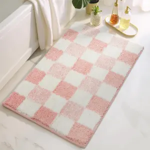 Checkered Pink Bathroom Rugs Decor,Fluffy Rug, Absorbent Microfiber Ultra Soft Bath Mat Washable, Non-Slip Bath Mats for Bathroom, Cute Floor Pad for Tub, Shower, Bedroom