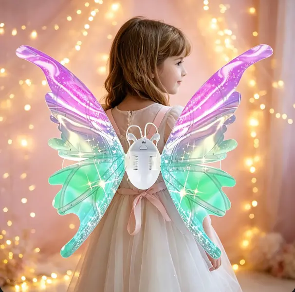 Electric Flapping Fairy Butterfly Wings for Girls - Princess, Fairy Aesthetic, Sheer Translucent, LED Light-Up, Musical Kids Dress-Up Costume Toy, Halloween Cosplay Birthday Party Gift