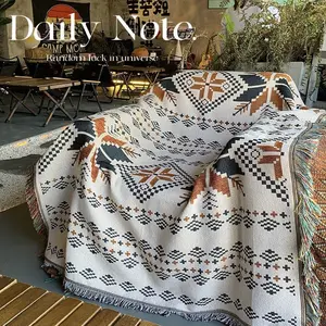 American Style Boho Aztec Geometric Woven Sofa Throw Blanket, One Piece Full Coverage Couch Cover with Tassels, Multi-use Outdoor Camping Picnic Mat Beach Blanket for Home Decor