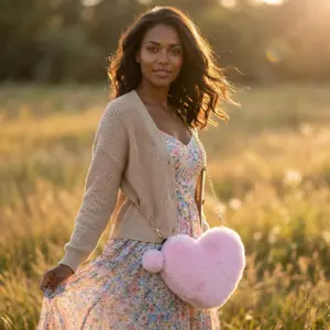 Sweet  Accent Heart-Shaped Fluffy Bag, Pink Crossbody Purse with Chain Strap