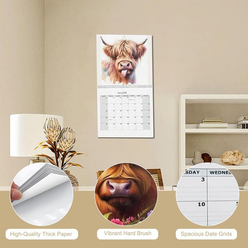 Highland Cow Calendar 2026, 12 Month Wall Calendar, Watercolour Cows Monthly Planner Scottish Wall Art Decor For Animal Lovers