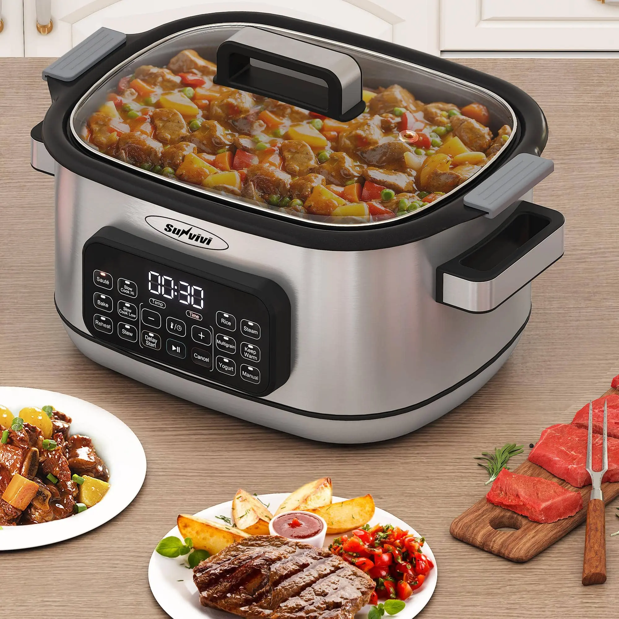 Sunvivi 12-in-1 Instant Multi Cooker Roaster Oven, 6.5QT Silver Digital Crock Pot w/Rack, Large Removable Nonstick Aluminum Pot, Glass Lid, Timer, Temp Control & Delay Start, Household Meal Prep Tool for Stew, Roast, Dump-and-Go Dinners
